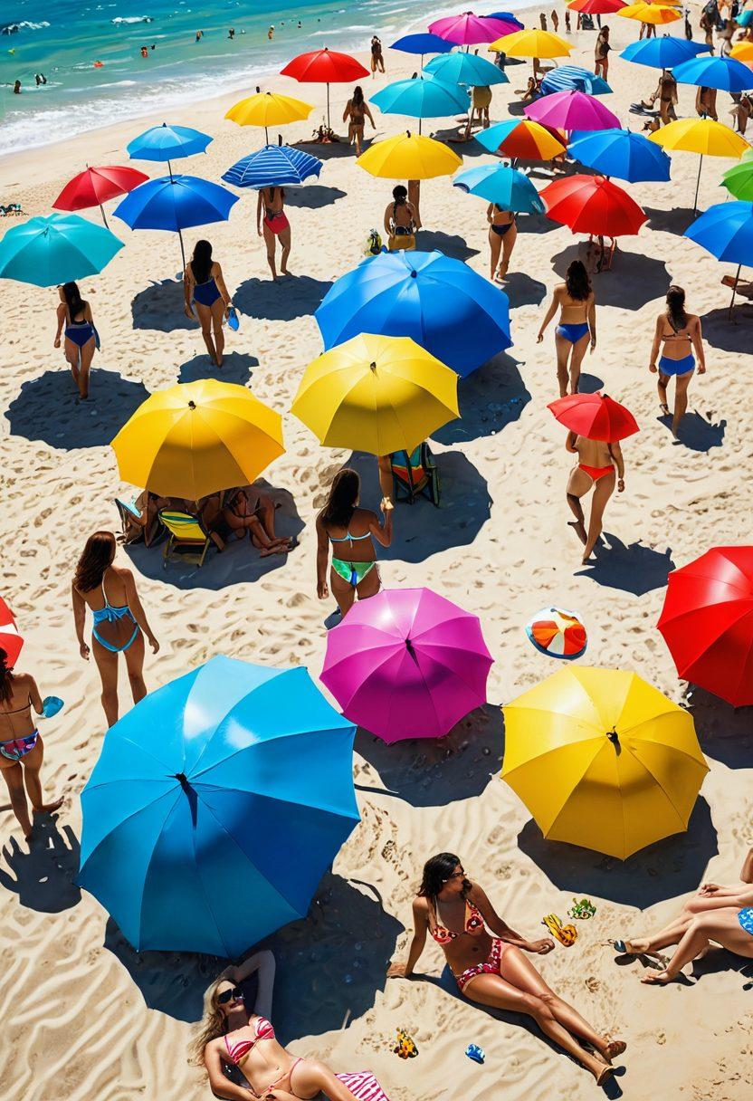 A vibrant beach scene featuring diverse individuals of various body types enjoying summer in stylish swimwear. Include colorful umbrellas, beach balls, and sun hats. The background should feature a sparkling blue ocean and a bright sunlit sky. Emphasize joyful expressions and carefree poses, capturing the essence of summer fun. super-realistic. vibrant colors. bright blue sky.